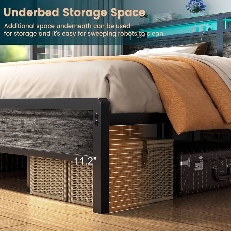 Farmhouse Wood Platform Bed Frame with Charged Station and LED Lights