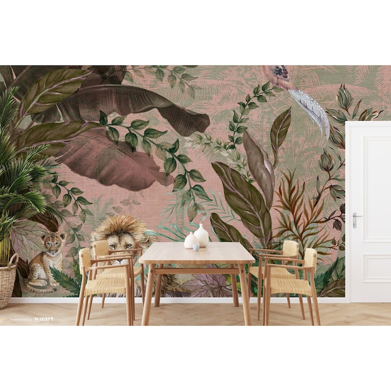 Luxurious Jungle Safari Wallpaper Mural Lions and Tropical Foliage