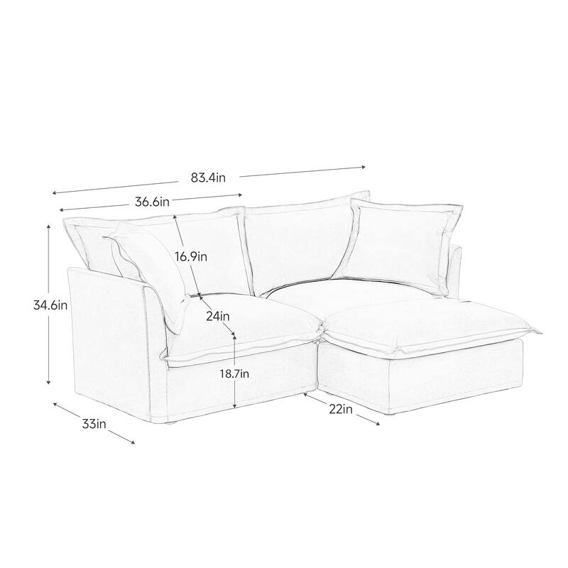 Slipcovered Sectional 2 Seater Sofa Couch with Convertible Ottoman, Wide and Deep Seat L Shaped Sofa