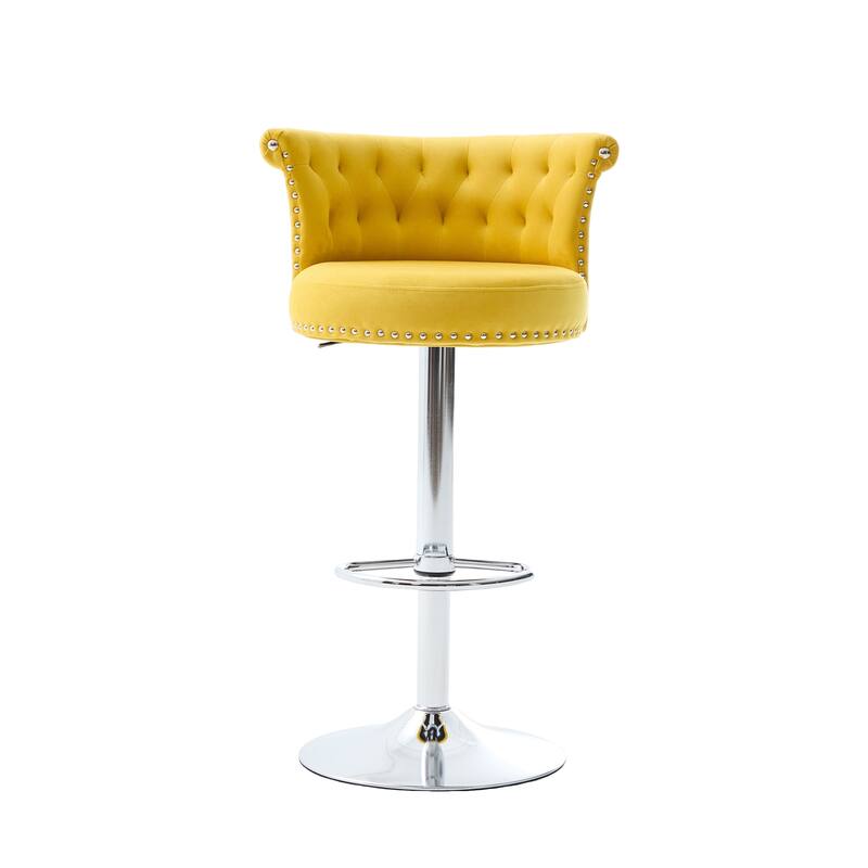 360° Swivel Bar Stools Set of 2 Adjustable Velvet Accent Chairs with Footrest Base, Button Tufted and Barrel Curved Backrest