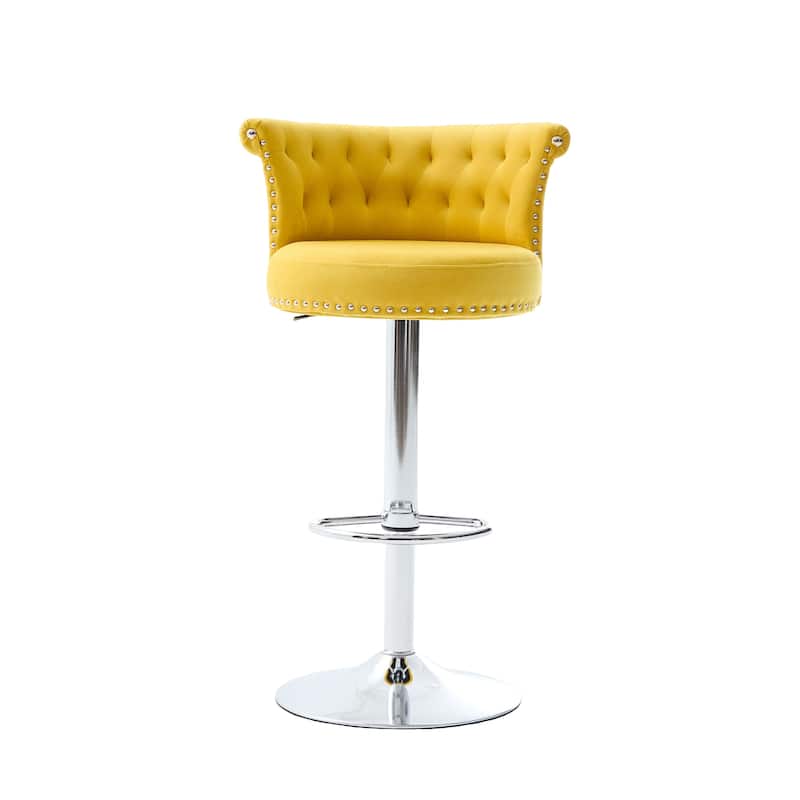 Velvet Bar Stool Set of 2, Adjustable Swivel Bar Stools with Silver Plated Metal Leg, Chrome Nailhead, Counter Height Chair