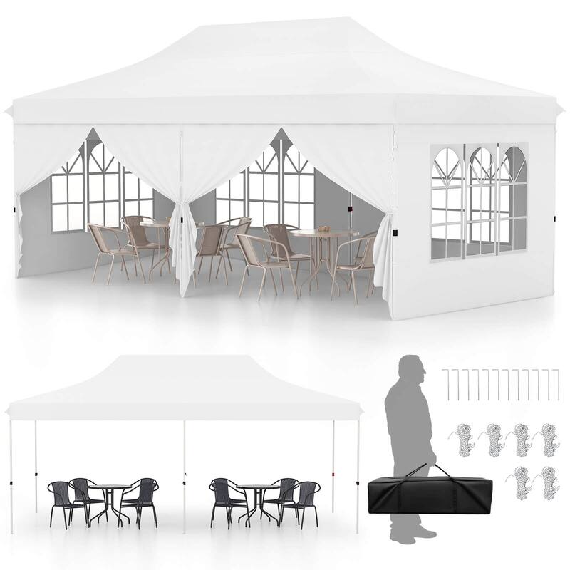 Costway 10 x 20FT Pop up Canopy Outdoor Canopy Tent with 6 Sidewalls - See Details - White