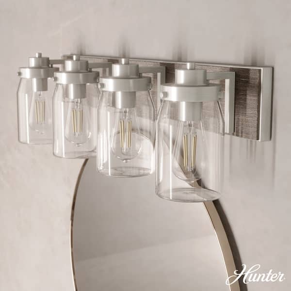 slide 2 of 12, Hunter Devon Park Bathroom Vanity Wall Light, Damp Rated, Rustic, Farmhouse 4-Light - Brushed Nickel and Grey Wood