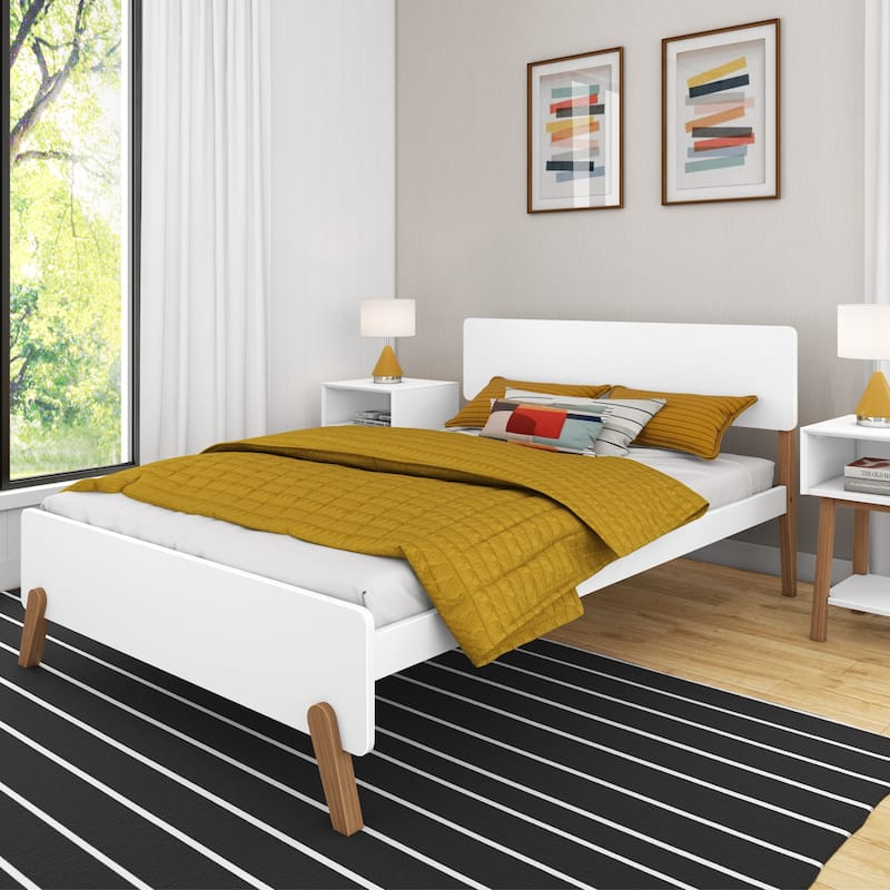 Max and Lily Mid-Century Modern Full-Size Panel Bed - Pecan/White