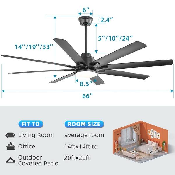 dimension image slide 5 of 6, 52"/66" Inch Ceiling Fan with Light,APP and Remote Control, Low Profile,Smart Optional