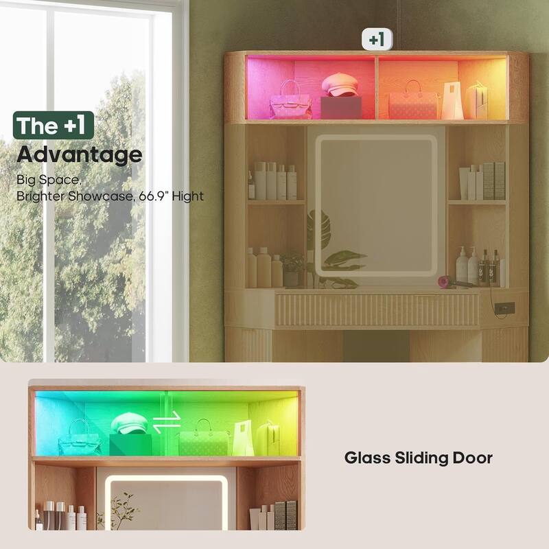 Corner Vanity Desk with Lighted Mirror Drawers Shelves Storage Stool