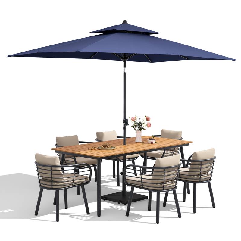 9-Piece Outdoor Patio Dining Set w/10 ft Umbrella and Base Aluminum Dining Table and Chairs with Sunbrella Cushion