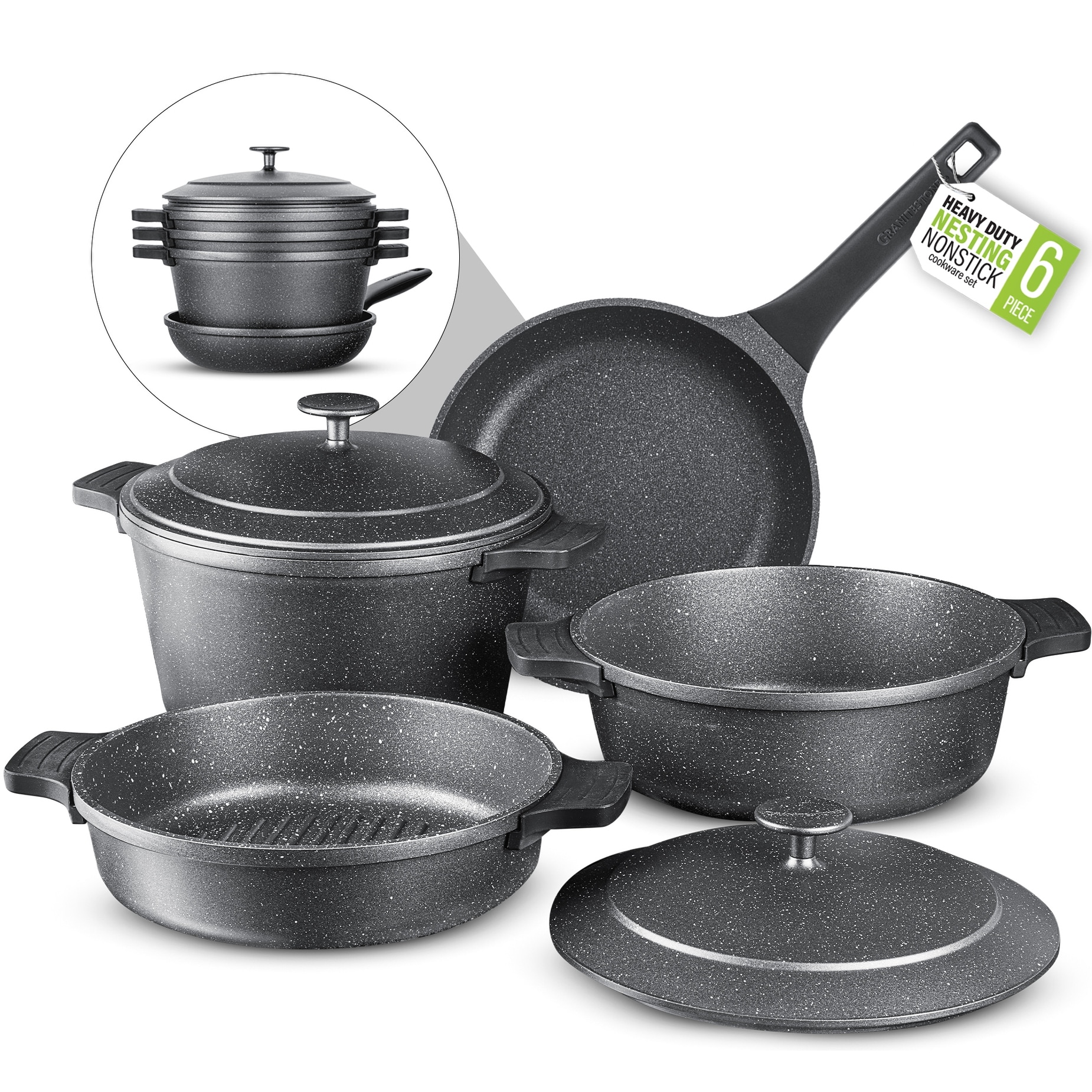 Granitestone Diamond 6 Piece Nonstick Heavy Duty Nesting Pots Cookware Set