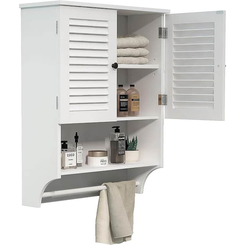 Wall-Mounted Bathroom Cabinet with Louvered Doors, Open Shelf, Adjustable Shelves & Towel Bar,White