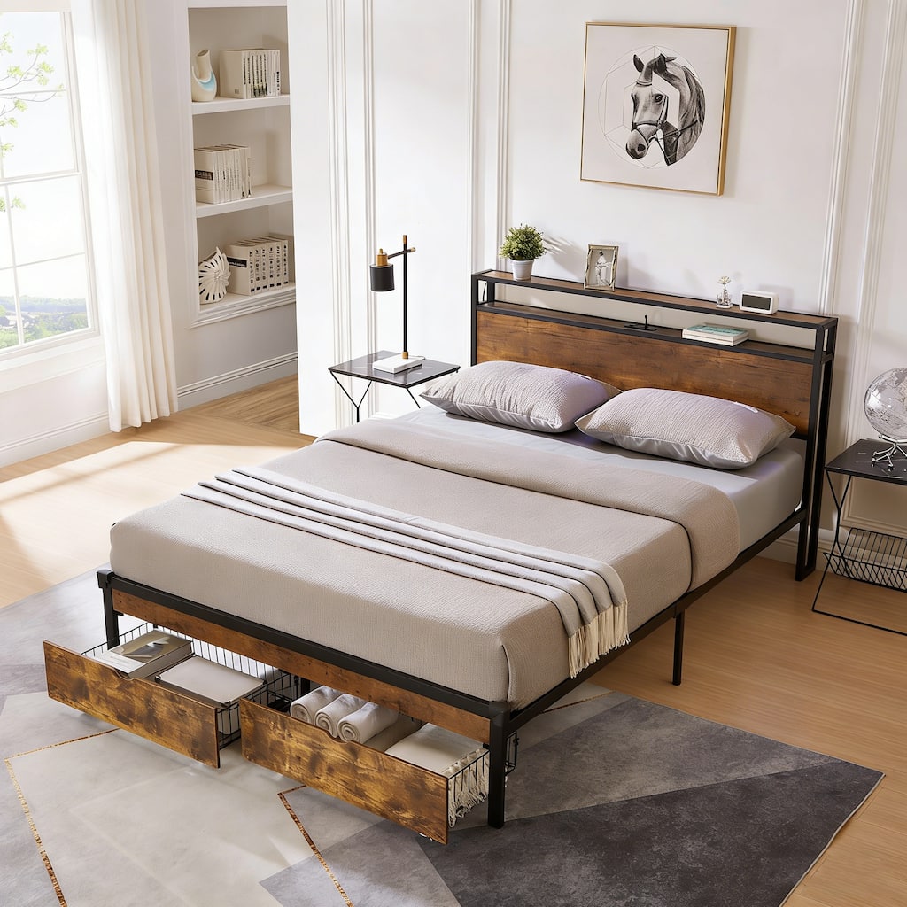 Queen Size Metal Platform Bed Frame with Footboard with USB,Charging Station,2 Drawers, No Box Spring Needed, Easy Assemble
