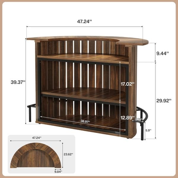 dimension image slide 0 of 2, 39.4” H Brown MDF Arc Shaped Bar Table, 4-Tier Home Bar Unit with Footrest
