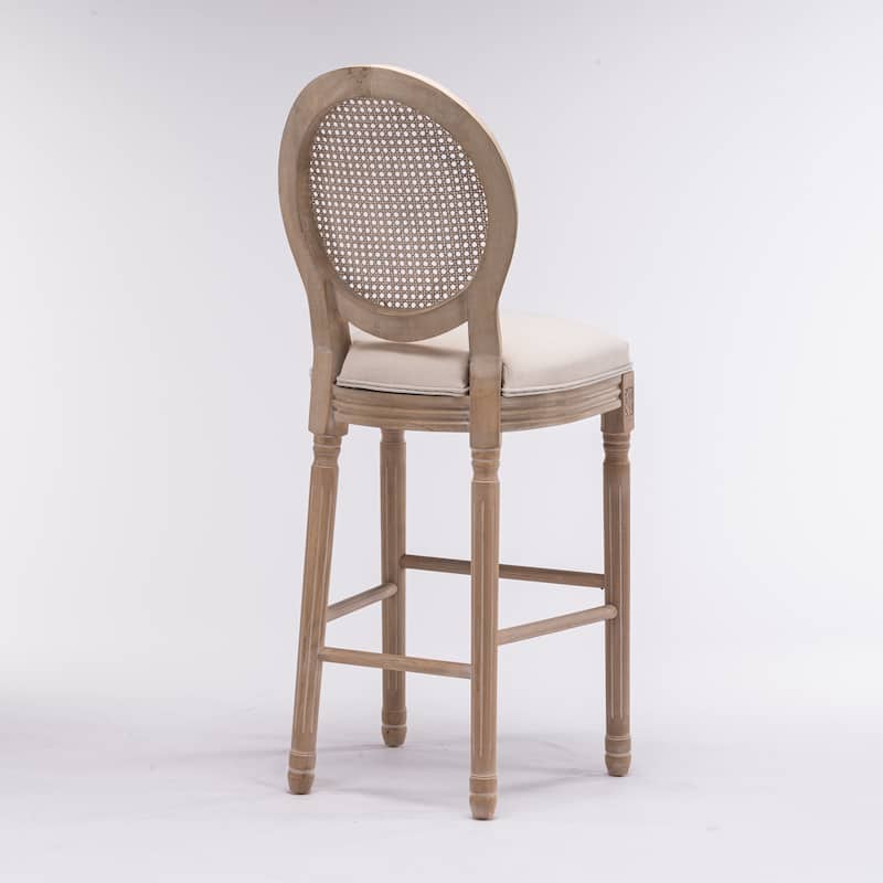 Round Rattan Mesh Back Barstools Set of 2 Retro Accent Chairs with Upholstered Seat, Carving Design and Solid Wood Frame