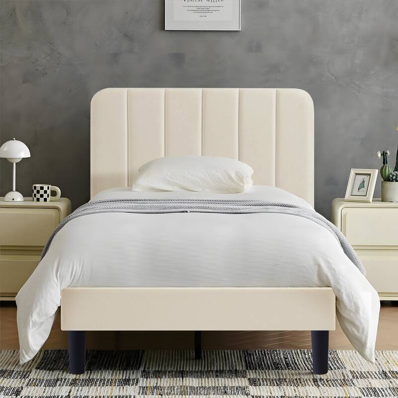 Javlergo Upholstered Platform Bed Frames with Height Adjustable Headboard, Sturdy Wooden Slats/Noise-free - Beige - Twin