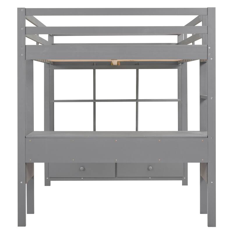 Full Size Pine Wood Loft Bed with Built-in Desk, Drawers, and Storage