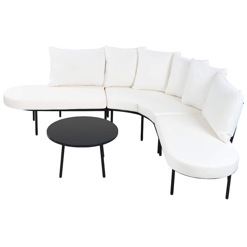 Outdoor Patio Half-Moon Sofa Set w/ Cushions, Coffee Table,All-Weather - Beige