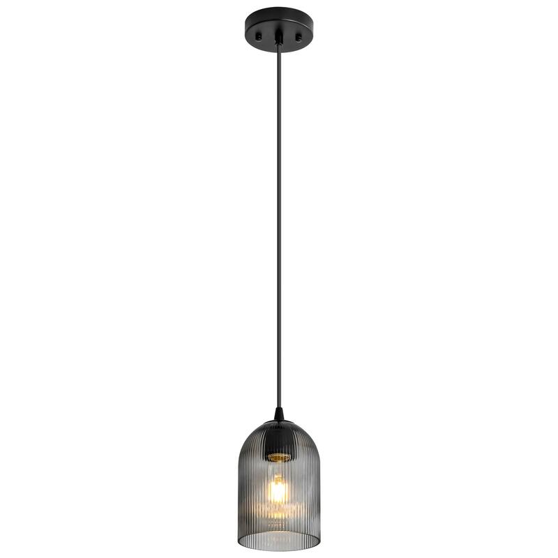 1-Light Modern Rustic Black/Gold Metal Island Pendant Light with Textured Grey/Clear Glass Bell Shade