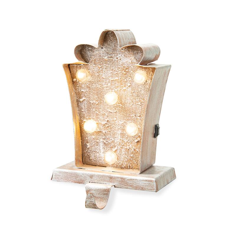 Glitzhome 7.5" H Christmas Silver LED Gift Box Heavy Duty Stocking Holders Mantel Ornament