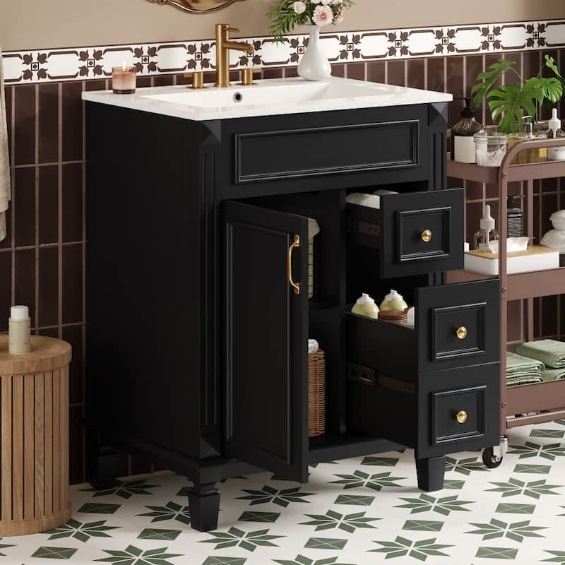 24" Modern Bathroom Vanity with Ceramic Sink and 2 Drawers, Adjustable Shelf