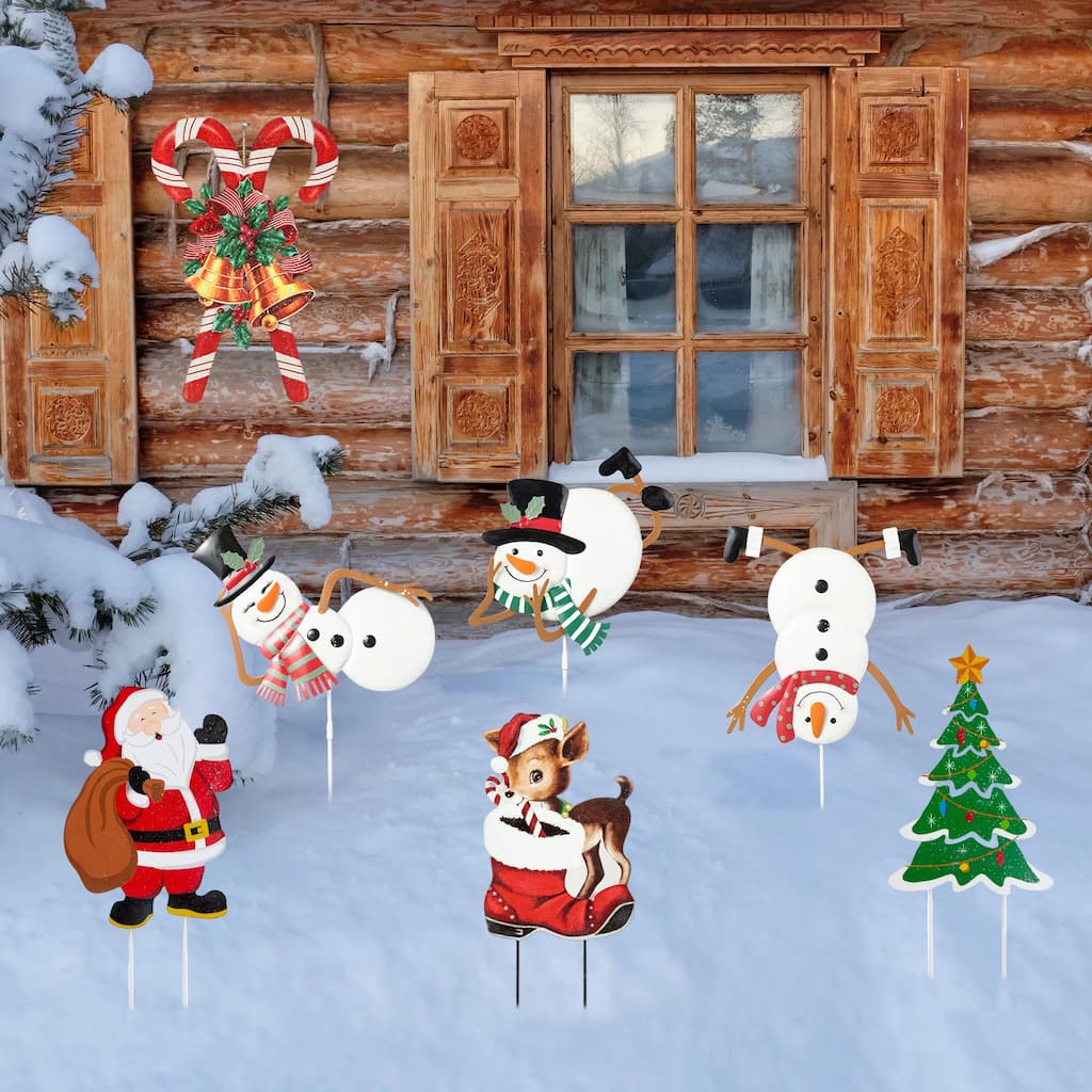 Glitzhome Set of 3 Christmas Metal Santa Snowman Tree Reindeer Candy Cane Yard Stakes Wall Decor