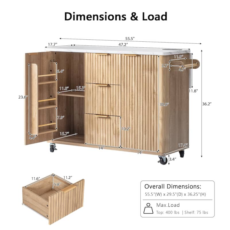 55.5" Fluted Kitchen Island with Drop Leaf and Storage Features Power Outlet and Adjustable Shelves