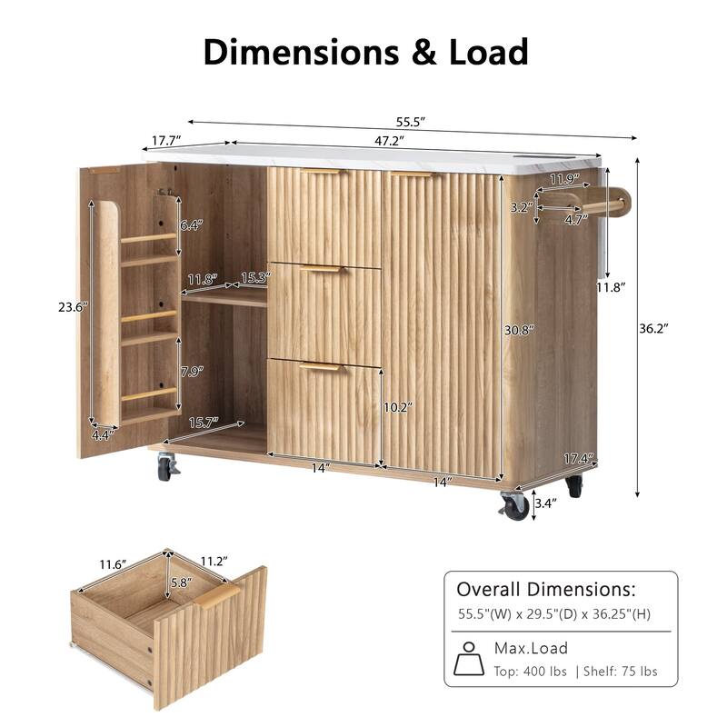 55.5" Storage Power Outlet Kitchen Island with Drop Leaf and 3 Drawers