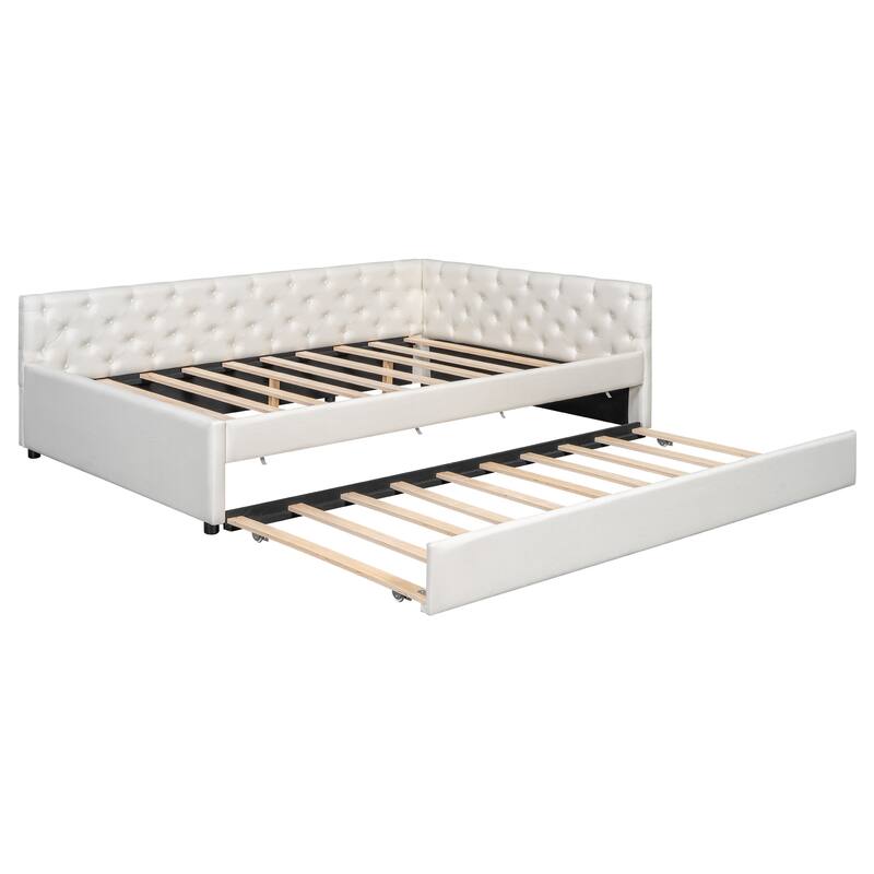 Full XL Size Upholstered Platform Bed Frame with Trundle, Elegant Tufted Button Design and Extra Sleeping Space for Bedroom