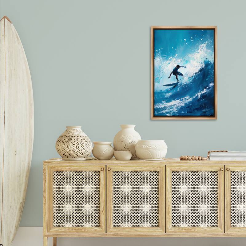 Stupell Surfer & Splashing Wave Framed Floater Canvas Wall Art Design By LSR Design Studio