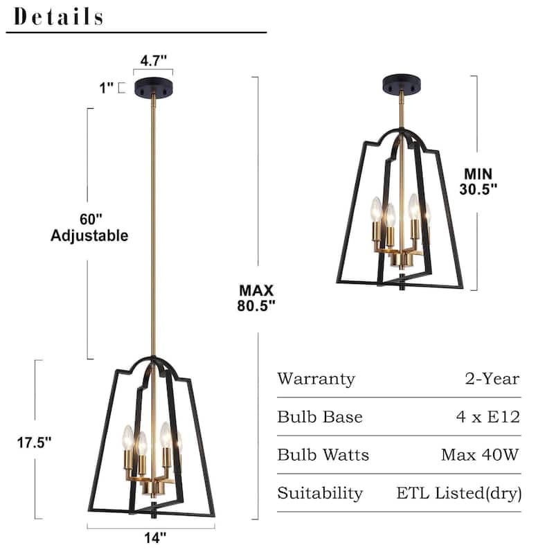 Modern 4-Light Geometric Chandelier Black Gold Pendant Lights for Dining Room - 14" W x 17.5" H