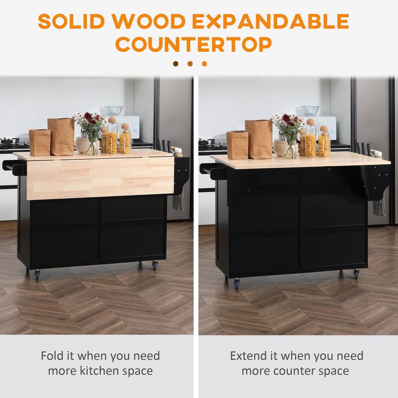 HOMCOM Rolling Kitchen Island on Wheels Utility Cart with Drop-Leaf and Rubber Wood Countertop, Storage Drawers, Dark Grey