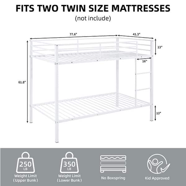 dimension image slide 0 of 3, Twin Over Twin Metal Bunk Bed, Low Profile, Ladder, High Guardrail