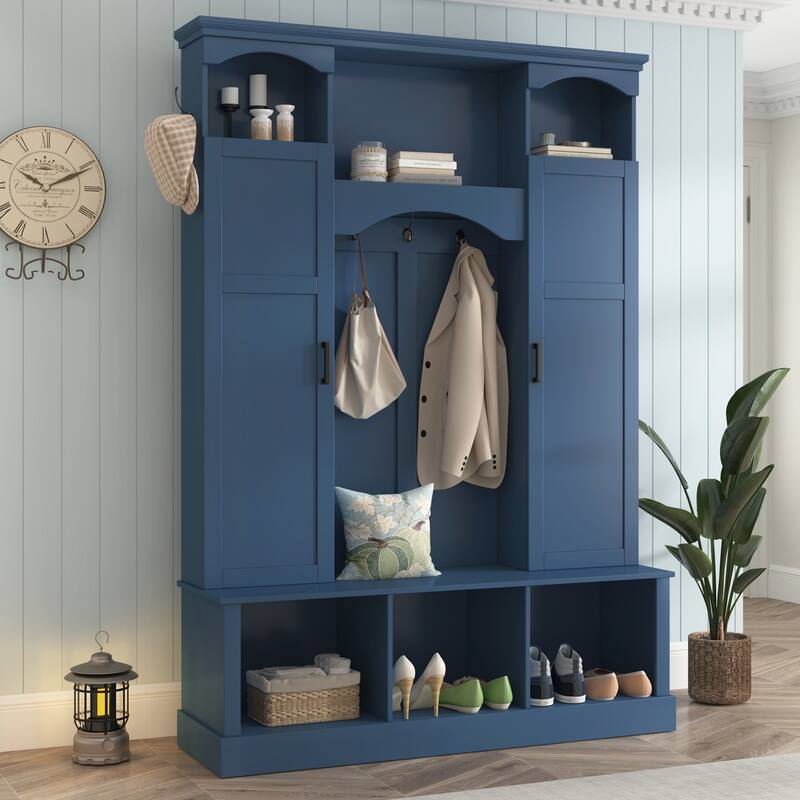 Modern Hall Tree with Adjustable Shelves Dual Cabinets Bench Entryway Organizer - Blue