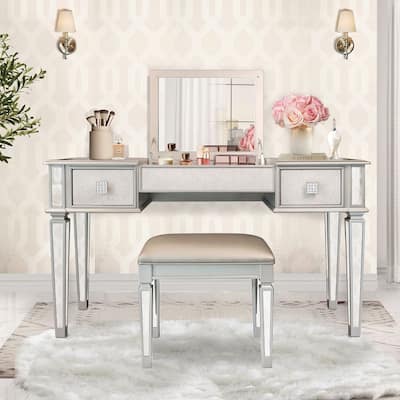 2-Drawer Mirrored Dresser with Vanity Table, Flip-Up Mirror, and Stool