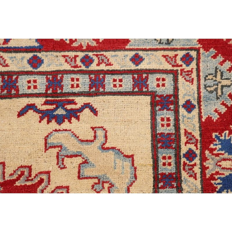 Geometric Beige Kazak Area Rug Hand-Knotted Bedroom Wool Carpet - 4'10" x 6'5"