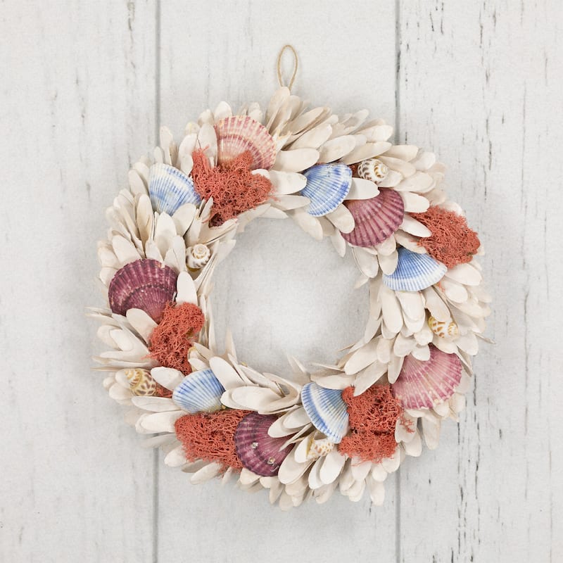 Artificial Seashells Wooden Wreath - 13" - White