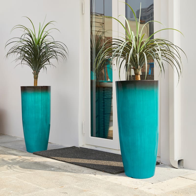 Glitzhome 30"H Set of 2 Tall Plastic Planter Large Flower Pots with Gradient Cobalt Blue / Turquoise Faux Ceramic Finish