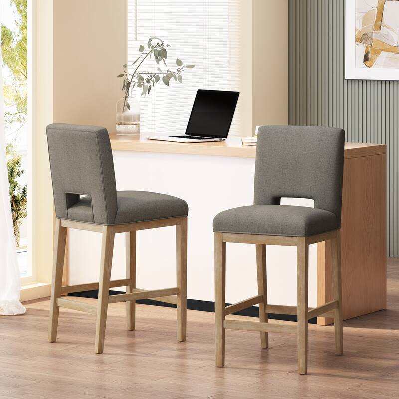 Modern Grey Fabric Bar Stools with Wooden Legs 45.5 Inch Height Upholstered Kitchen Stools Set of 1