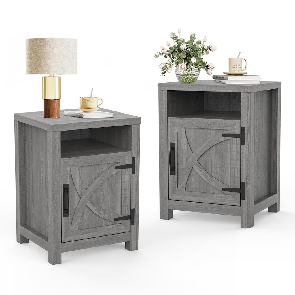 Farmhouse Grey Barn Door Nightstand Bedside Table Set of 2 with Open Compartment