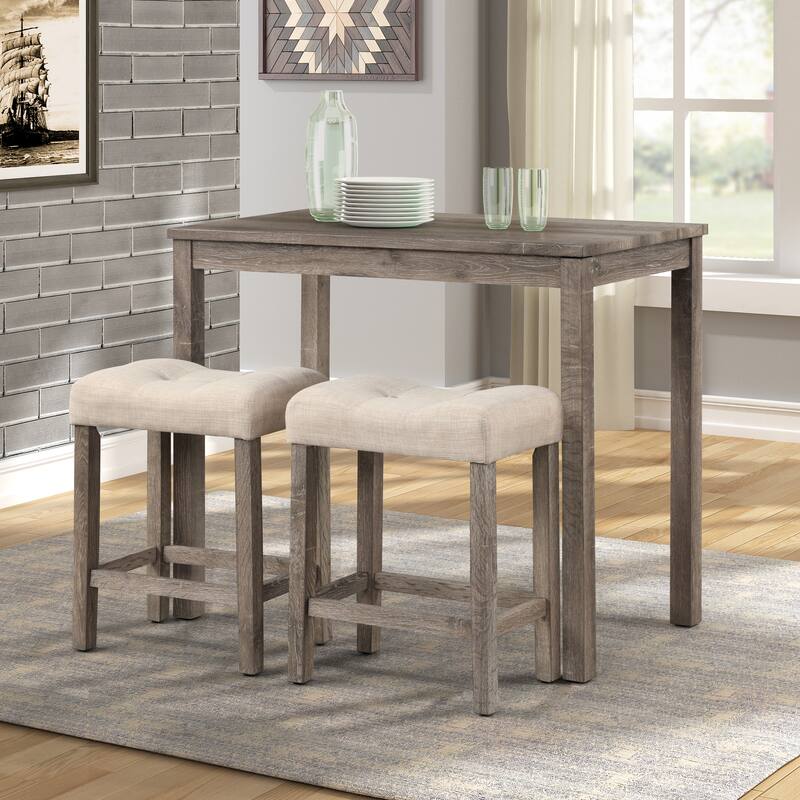 Taupe Button Tufted Saddle Stools with Footrests, Rectangular Side Table with Wooden Legs, Rustic Dining Table and Chair Set