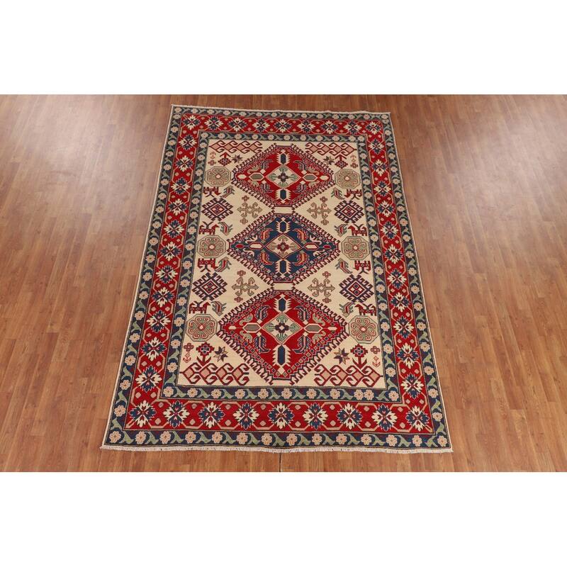 Beige / Ivory Traditional Kazak Oriental Rug Hand-Knotted Wool Carpet - 6'7" x 9'8"
