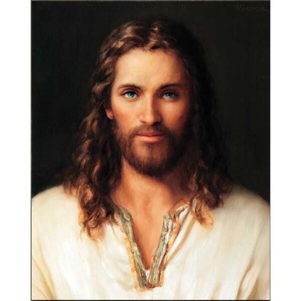20" White and Brown Jesus Face with Blue Eyes Rectangular Wall Plaque - N/A