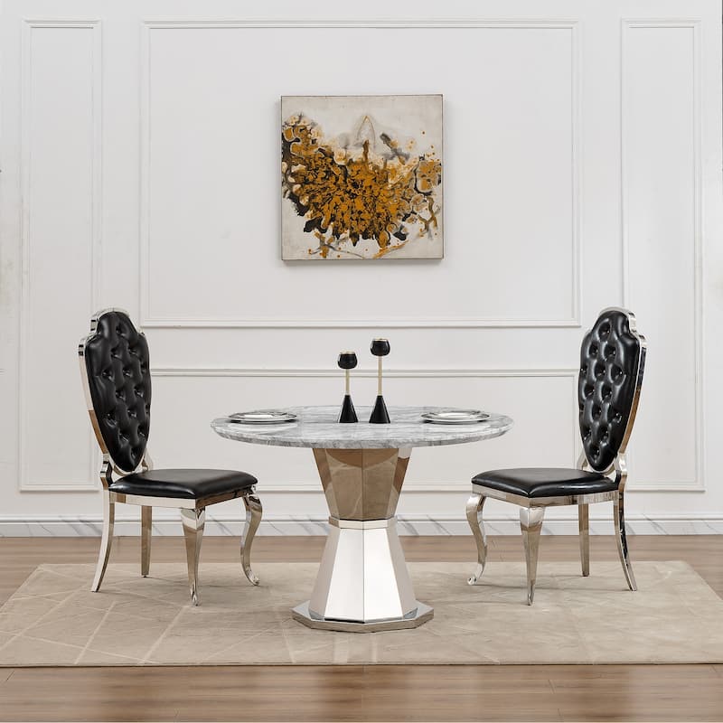 47" Round Dining Table with Faux Marble Tabletop and Stainless Steel Base - Gray+Silver