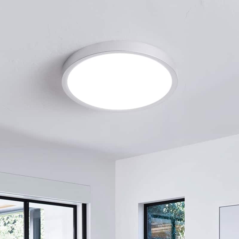24 Watts Round Tricolor Selectable LED Flush Mount Ceiling Light for Dining Room Living Room Bedroom Kitchen - 9.06"Dx0.91H" - Silver