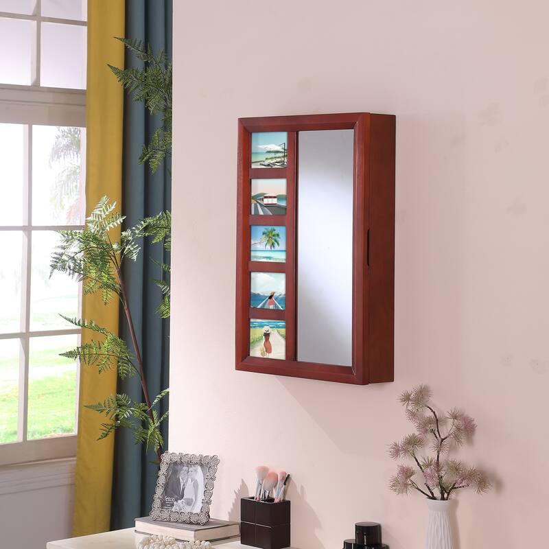 Proman Products Venice Wall Mount Jewelry Armoire, Jewelry Cabinet, Jewelry Storage with Photo Frame, Mirror, Drawers