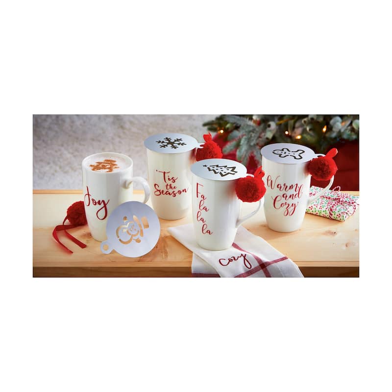 Fa La La La Mug & Stencil Set - 18oz Bone China Christmas Drinkware - Dishwasher Safe - White Multi