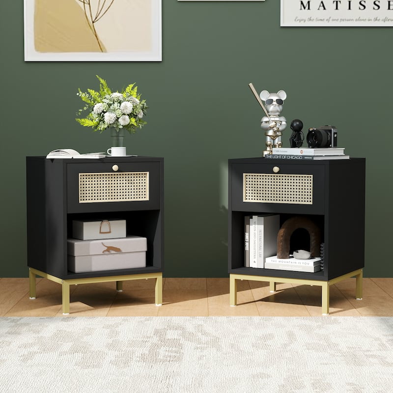 Rattan End Table/ Nightstand with Drawer, Farmhouse Boho Bed Side Table