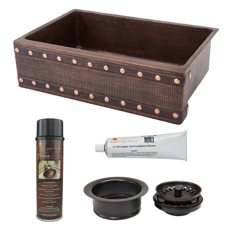 33-in Hammered Copper Kitchen Apron Single Basin Sink w/ Barrel Strap Design with Accessories (KSP3_KASDB33229BS)