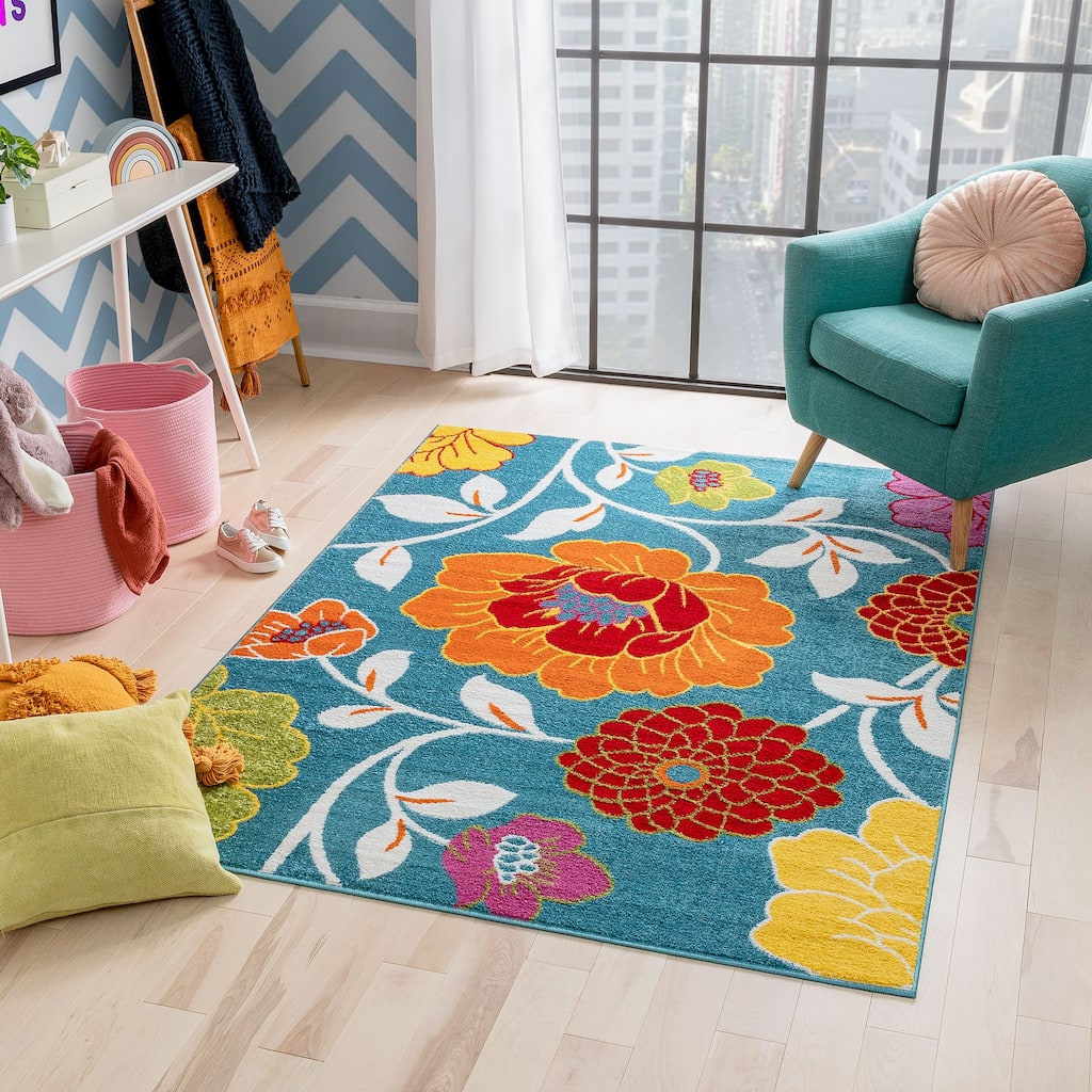 Well Woven Starbright Daisy Flowers Floral Kids Area Rug