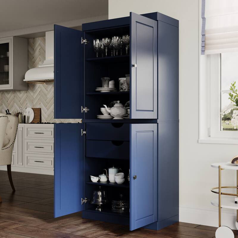 Solid Wood Tall Freestanding Kitchen Pantry Cabinet with Doors & 2 Drawers, Adjustable Shelves, Modular Storage, 32" W x 71.5" H - Navy