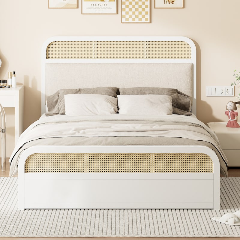 Boho Cane Wooden Platform Bed Queen Storage Bed with Wooden Headboard, Trundle and 2 Storage Drawers