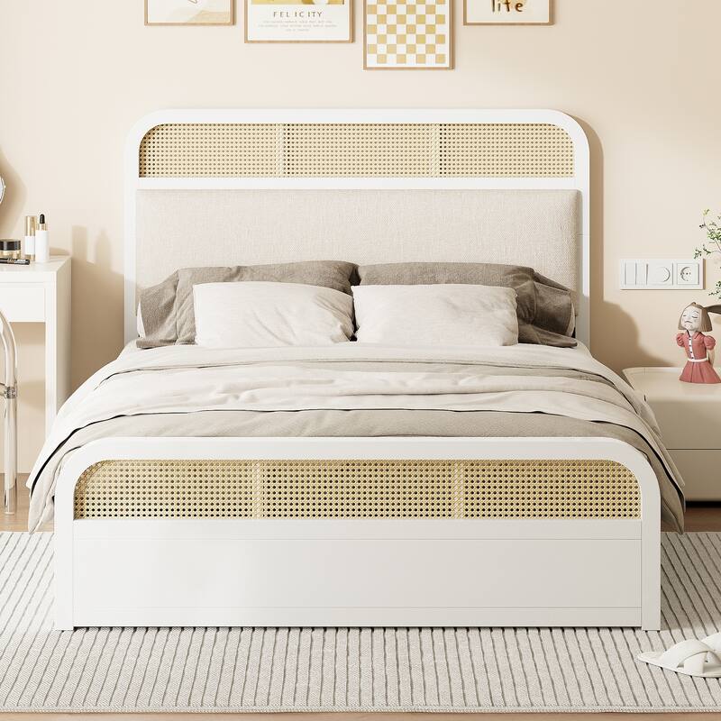 Rattan Platform Bed Queen Wooden Bed Frame with Twin Trundle and 2 Drawers, Headboard with Padded Cushion Mattress Not Included - White - Queen